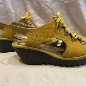 Fly London Ylfa Yellow Suede Lace Up Peep Toe Wedge Sandals Womens